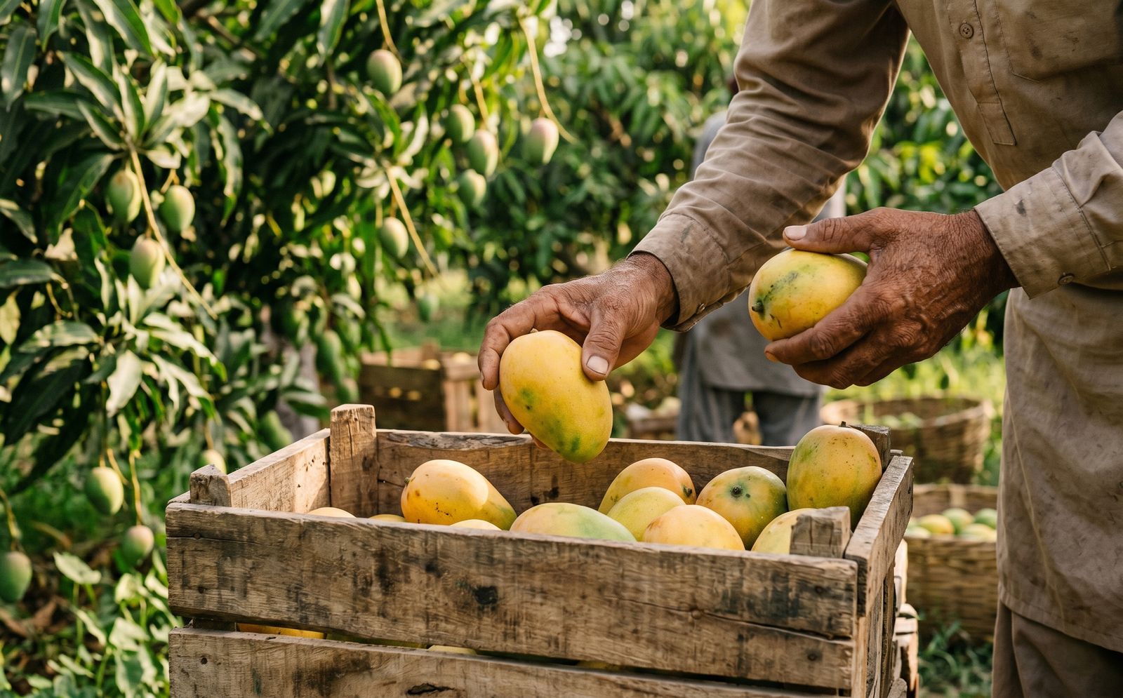 A worker's hands placing freshly picked golden Sindhri mangoes into a wooden crate in a sunlit Pakistani orchard