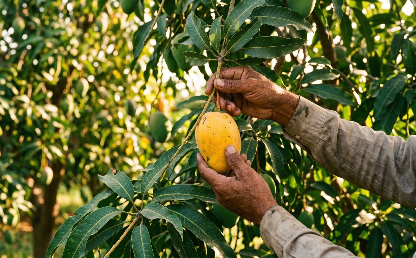 A farmer hand picking a ripe golden mango from a tree in a Pakistani orchard.